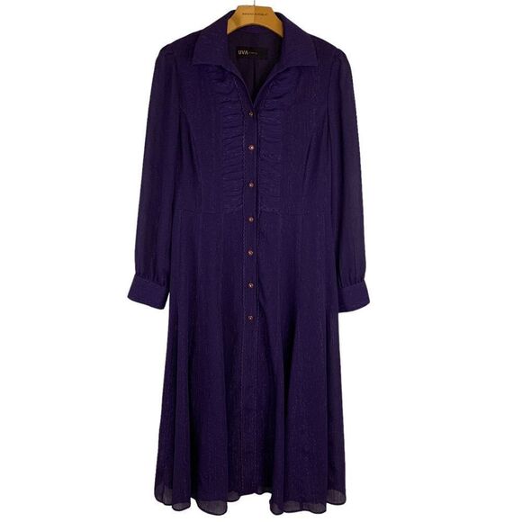 UVA Womens size small Purple Mettalic button front long sleeve A-line midi Dress - Picture 1 of 11